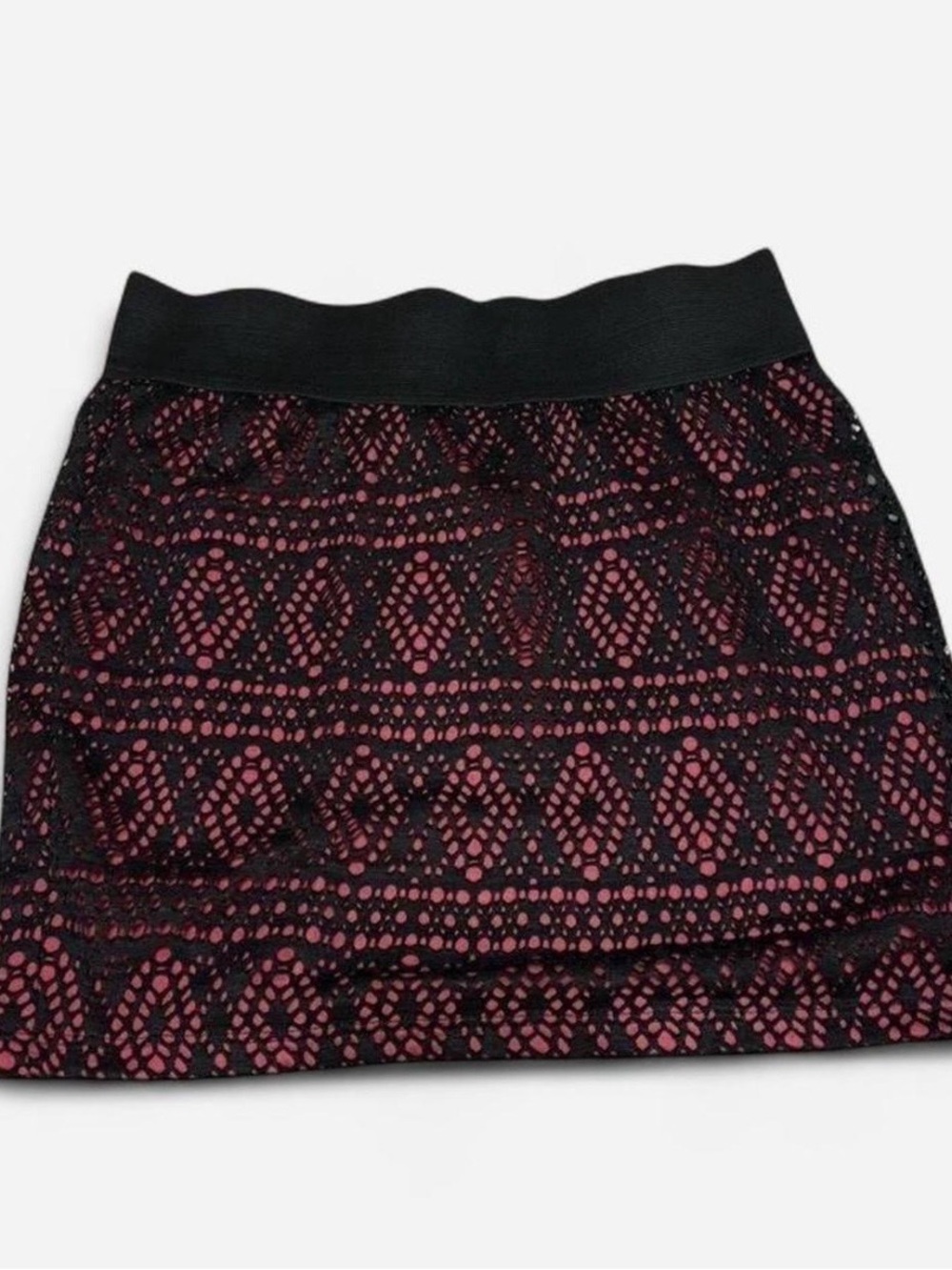 Women’s Black Crotchet Overlay Mini Skirt with Pink Underlay Size Small